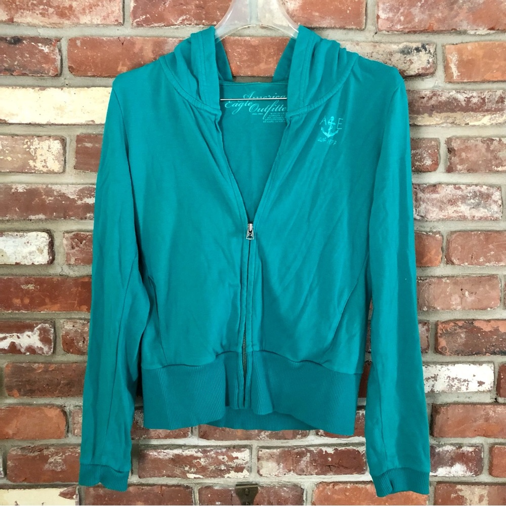 American Eagle Soft Knit Hoodie Teal w/ Anchor Graphic Size Medium Coastal Prep